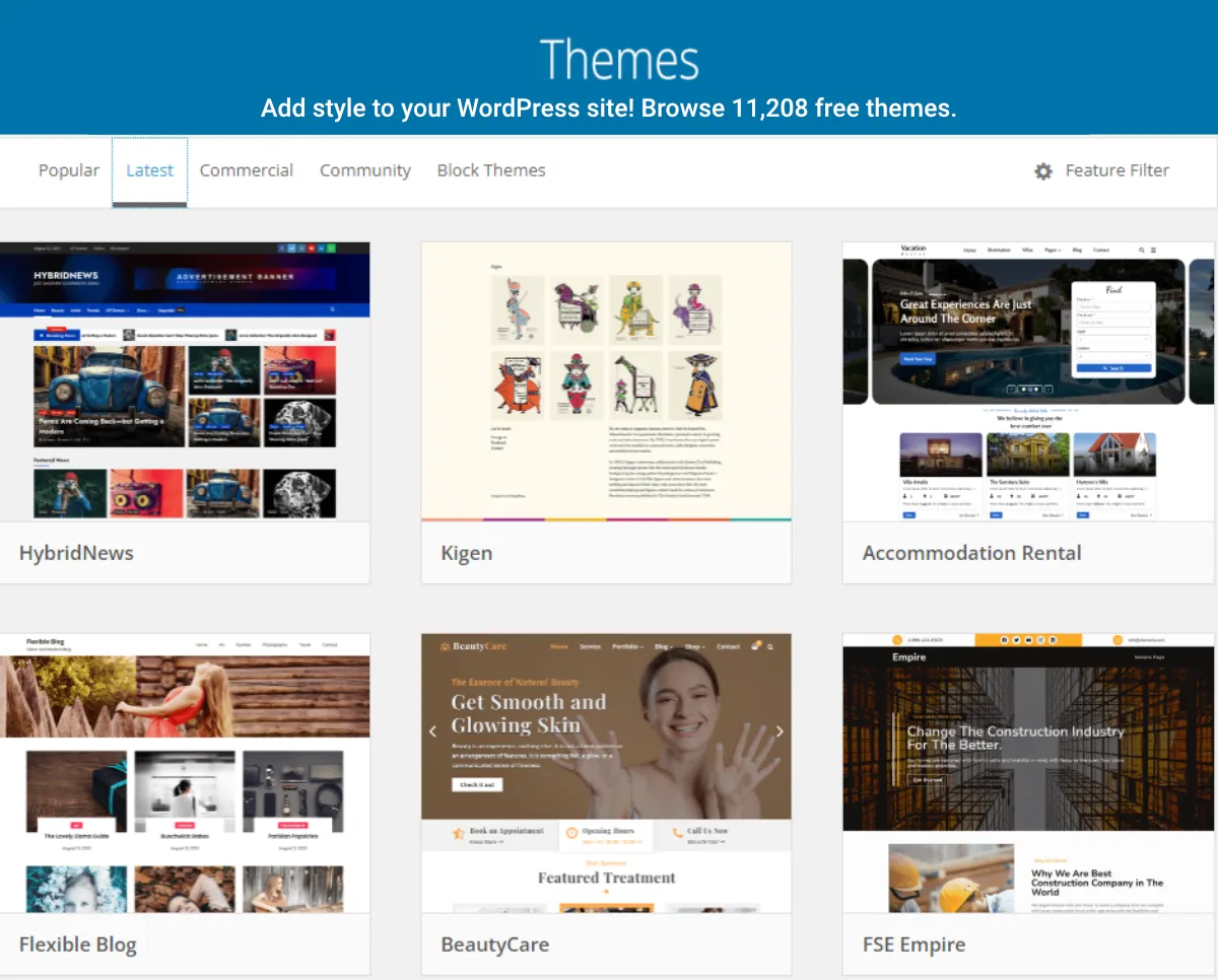 WordPress Theme. Eine Auswahl von Themes nach der Installation von WordPress (Schreenshot)